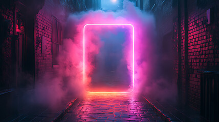 Naklejka premium Neon portal in foggy alleyway, night scene, cyberpunk backdrop