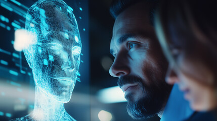 human call center agent and an AI assistant displayed on a floating holographic screen