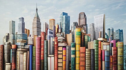 Obraz premium Colorful Bookshelf With City Skyline in Background