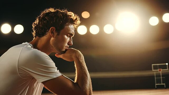 Tennis Player on Court During Break Deep in Thought Under Stadium Lights
