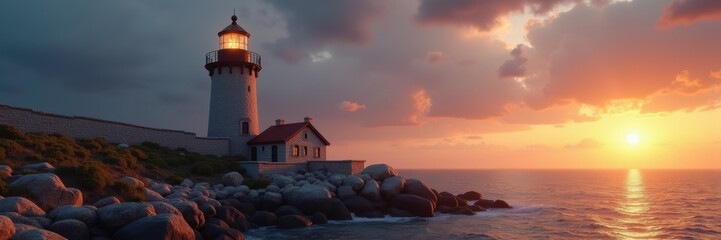 Obraz premium A serene sunset view of a traditional lighthouse by the sea, embodying tranquility and guidance. Perfect for coastal, travel, and inspirational themes.
