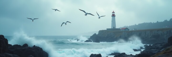 A serene lighthouse scene with birds soaring above crashing waves, evoking calmness and guidance. Perfect for coastal business themes, travel, and nature contexts.