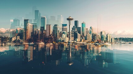 Fototapeta premium Stunning Seattle Skyline Reflection Over Water at Sunrise