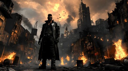 Dark silhouettes rise from burning cityscape in a desolate urban environment