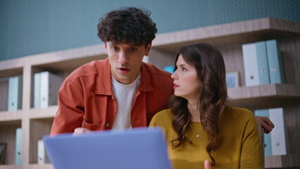 Two employees arguing virtual meeting by office laptop closeup. Nervous people 