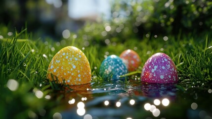 Colorful Easter eggs in grass, sunny garden background, spring celebration