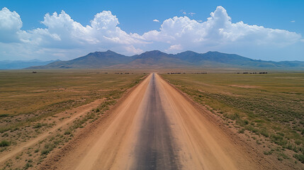 Naklejka premium Desert road stretching towards mountain range under dramatic clouds, aerial perspective of wilderness journey
