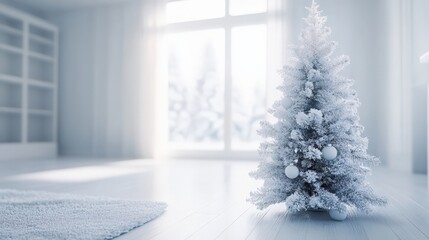 A white Christmas tree with ornaments sits in a room with white walls