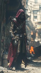 Obraz premium Mysterious figure stands in an alley with smoke and flames in a dystopian environment