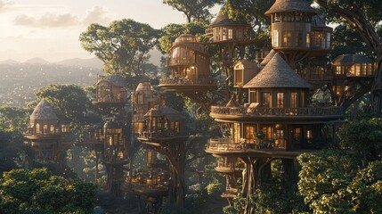 Enchanting Treehouse Village Surrounded by Lush Green Forest