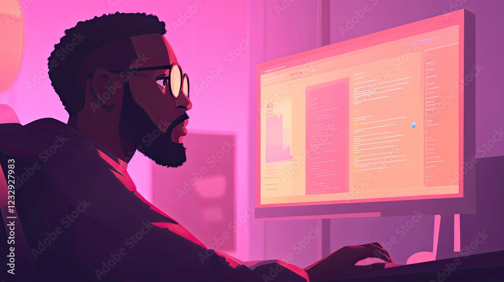 Poster man coding late at night in pink lighting