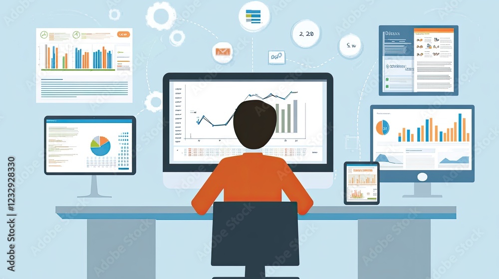 Aufkleber person analyzing data on multiple screens