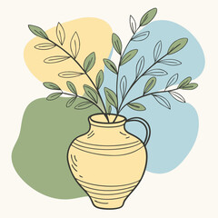 Neutral Toned Still Life with Mustard Yellow and Rust Orange Vase Holding Slender Plant