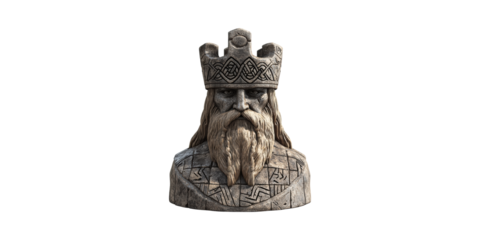 Ancient stone king bust with beard and crown isolated on transparent background