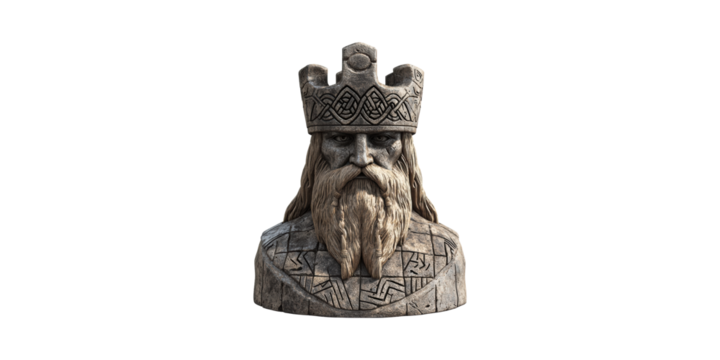 Ancient stone king bust with beard and crown isolated on transparent background - Powered by Adobe
