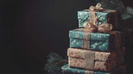 A stack of presents with a bow on top