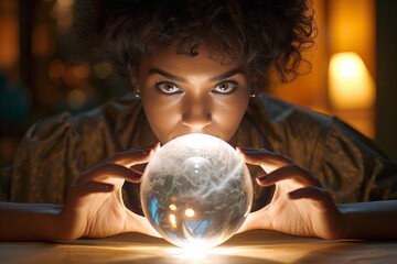 African American woman with crystal ball predicting stock market trends in a bright and spiritual setting.