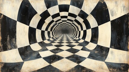 Psychedelic checkered tunnel, vintage texture.