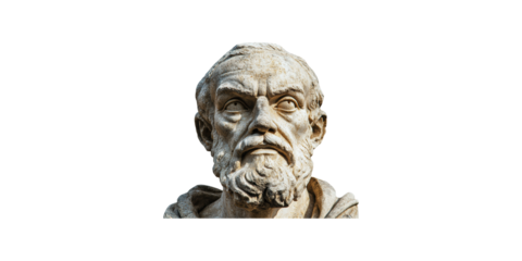 Stone bust of bearded historical figure isolated on transparent background