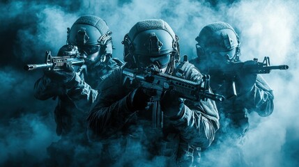 Fototapeta premium Armed Soldiers in Tactical Gear with Smoke and Dramatic Lighting