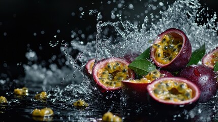 Juicy sliced passion fruit with water droplets and splashes on a black background. Macro photography highlights the natural texture of the exotic fruit, creating a fresh and cooling effect.