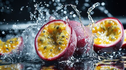 Exotic passion fruit with water droplets, on a black background, macro shot