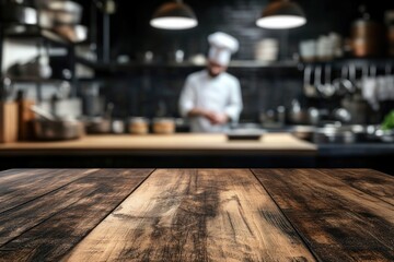Rustic Wooden Tabletop in a Blurred Restaurant Kitchen