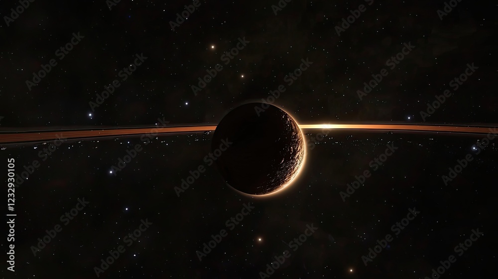 Poster dark planet with rings and distant stars in space
