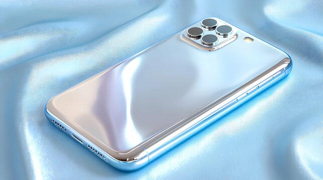 Silver phone on blue silk; product photography