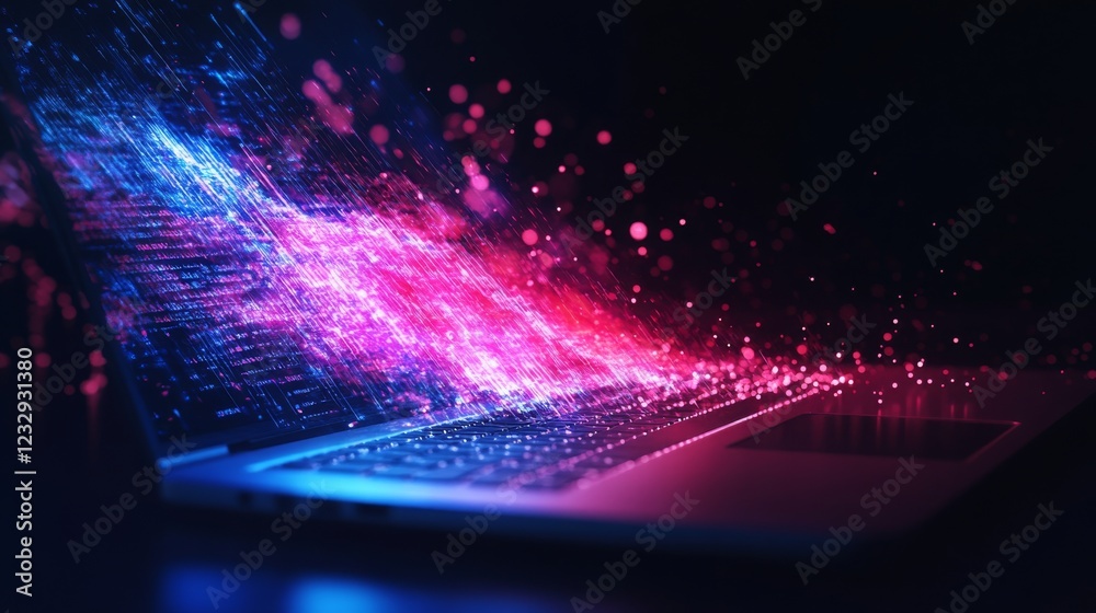 Poster SEO optimization depicted with PHP syntax highlighting, writing functional code on a laptop.