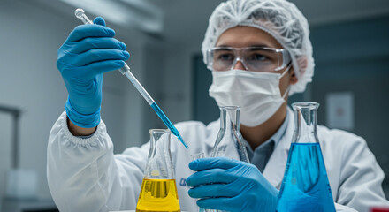Scientist in lab coat conducts lab experiment with blue liquid using pipette. Scientist wearing protective gear doing scientist research with yellow and blue liquid in beakers