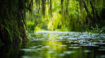 Obraz premium Serene Green River Surrounded by Lush Vegetation in Nature