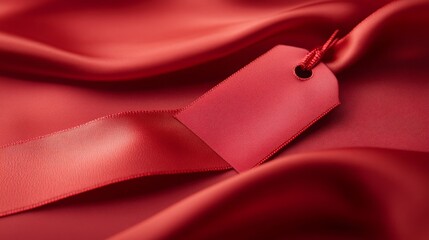 Shiny red ribbon tag for promotions, a silk bookmark with glossy satin texture. 