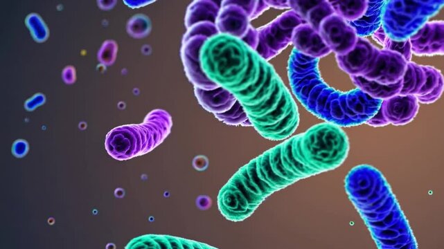 A highly detailed, ultra-realistic microscopic view of the diverse bacterial ecosystem within the human gut, showcasing vibrant, glowing microorganisms actively producing essential vitamins and nutrie