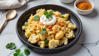 Minimalistic spiced cauliflower rice with turmeric and yogurt garnished with cilantro on marble countertop