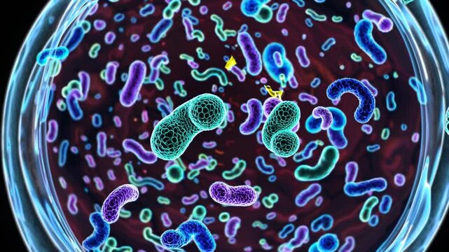 A highly detailed, ultra-realistic microscopic view of the diverse bacterial ecosystem within the human gut, showcasing vibrant, glowing microorganisms actively producing essential vitamins and nutrie