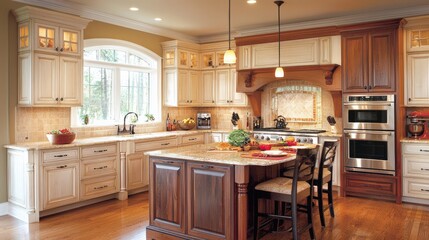 A kitchen with a large island and a sink