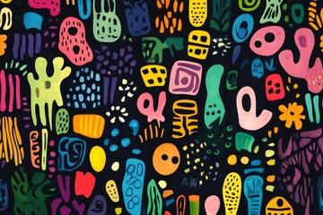 Seamless pattern featuring vibrant, hand-drawn abstract shapes on a dark background, creating a playful and artistic design