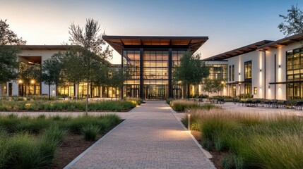 Modern Office Building with Landscaped Courtyard at Dusk