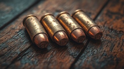Four bullets on rustic wood.  Crime scene investigation, firearm safety