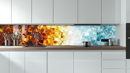A kitchen with a blue, white and yellow tile backsplash
