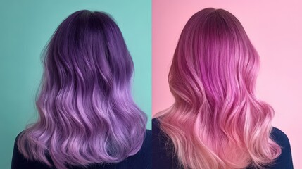 Fototapeta premium Two women showcasing vibrant purple and pink ombre hair