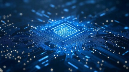 Tech background with AI circuit board design, electric blue theme for innovation.