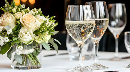 Romantic restaurant dinner, champagne, flowers