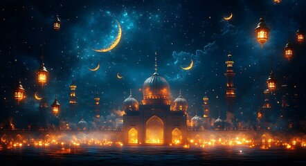Obraz premium Enchanted Night with Floating Lanterns Around a Palace Under a Crescent Moon