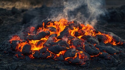 Fiery Lava Flow Erupting in an Active Volcano Landscape Scene