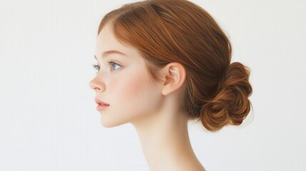 profile of a young woman with red hair in a low bun