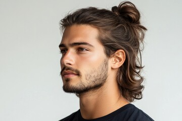 Fototapeta premium Portrait of a young man with long brown hair tied in a bun, sporting a beard and mustache