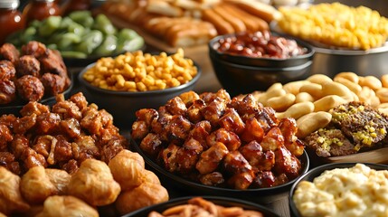 Obraz premium Rich southern-style buffet featuring barbecue glazed meats, baked beans, golden cornbread, crispy fried snacks and creamy macaroni and cheese served in cozy and inviting setting