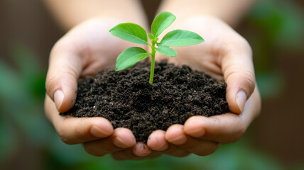 Hands holding a sapling in soil.